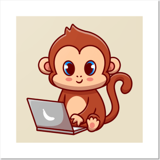 Cute Monkey Working On Laptop Cartoon Posters and Art